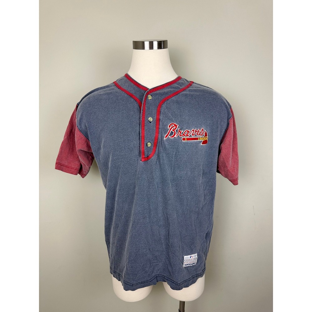 Vintage‎ Mirage Atlanta Braves Henley Jersey Shirt MLB Distressed Mens M